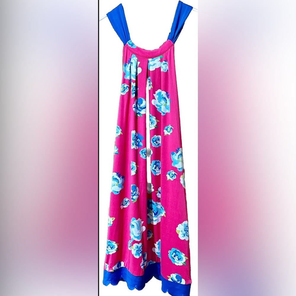 Mud Pie Shift Halter Dress Women’s Size Large Blue Pink Floral Tie Back Neckline